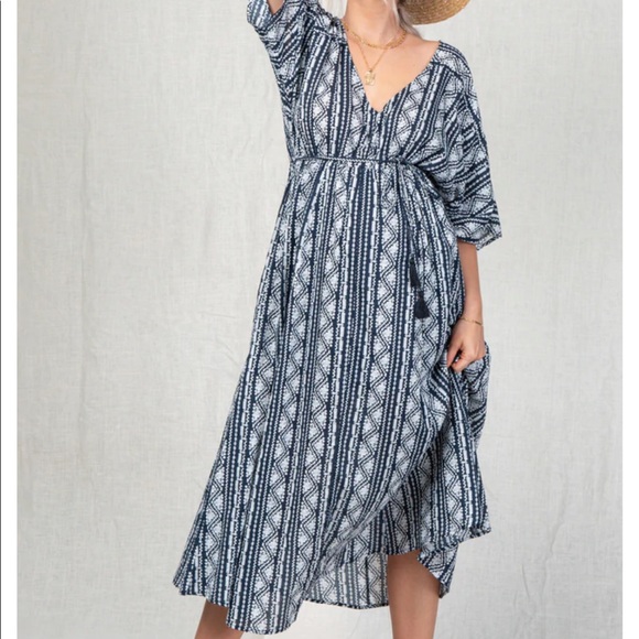 Pinkblush Navy Printed V-Neck Maternity Midi Dress - Picture 3 of 6